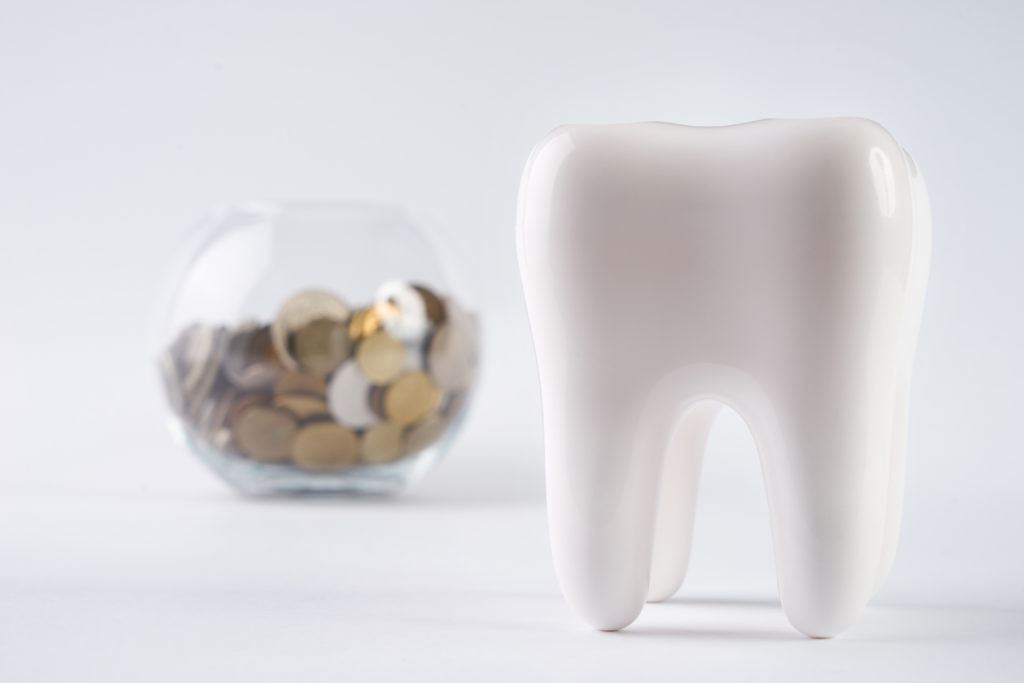 Model of a tooth next to a piggy bank